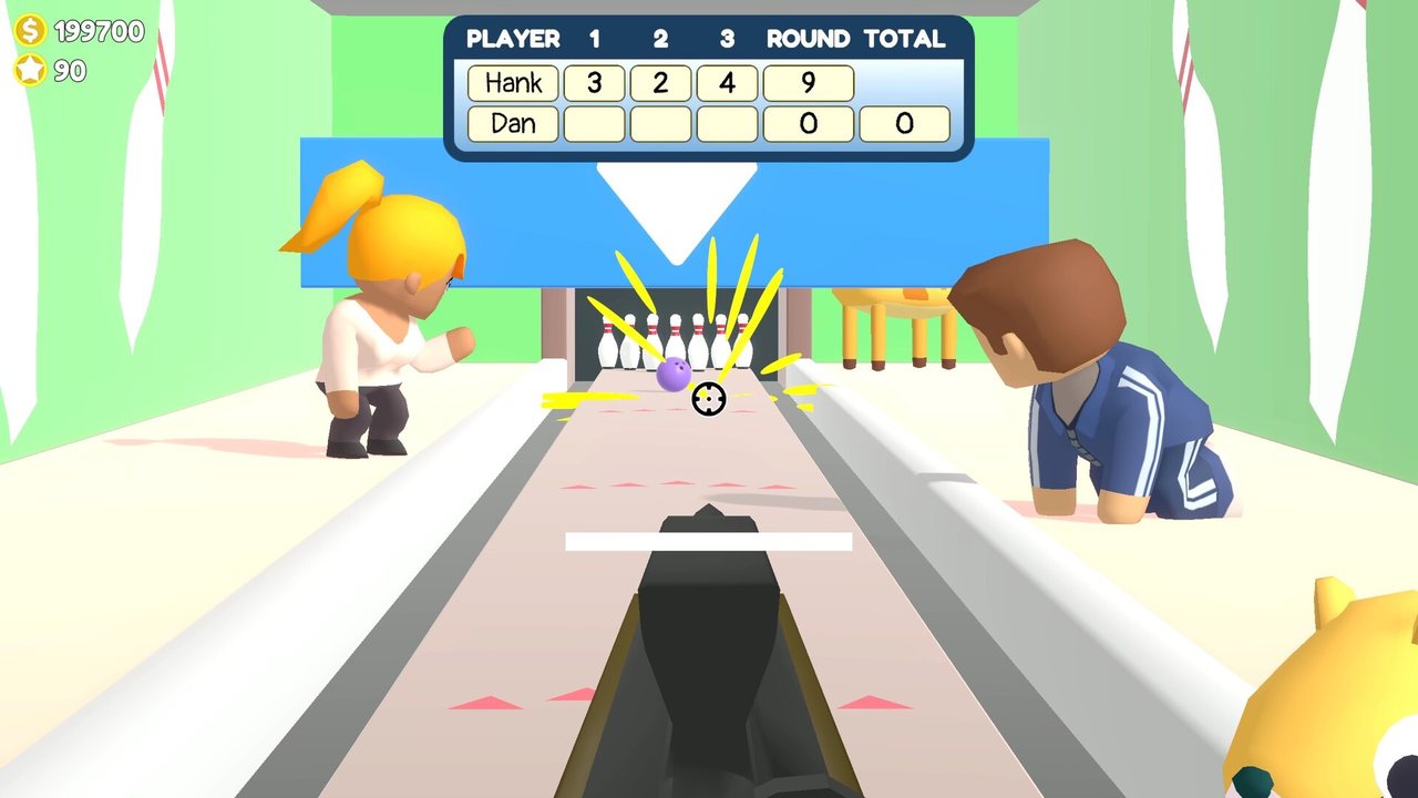Official Sniper Dan screenshot: a bowling lane with two characters and a scoreboard on screen