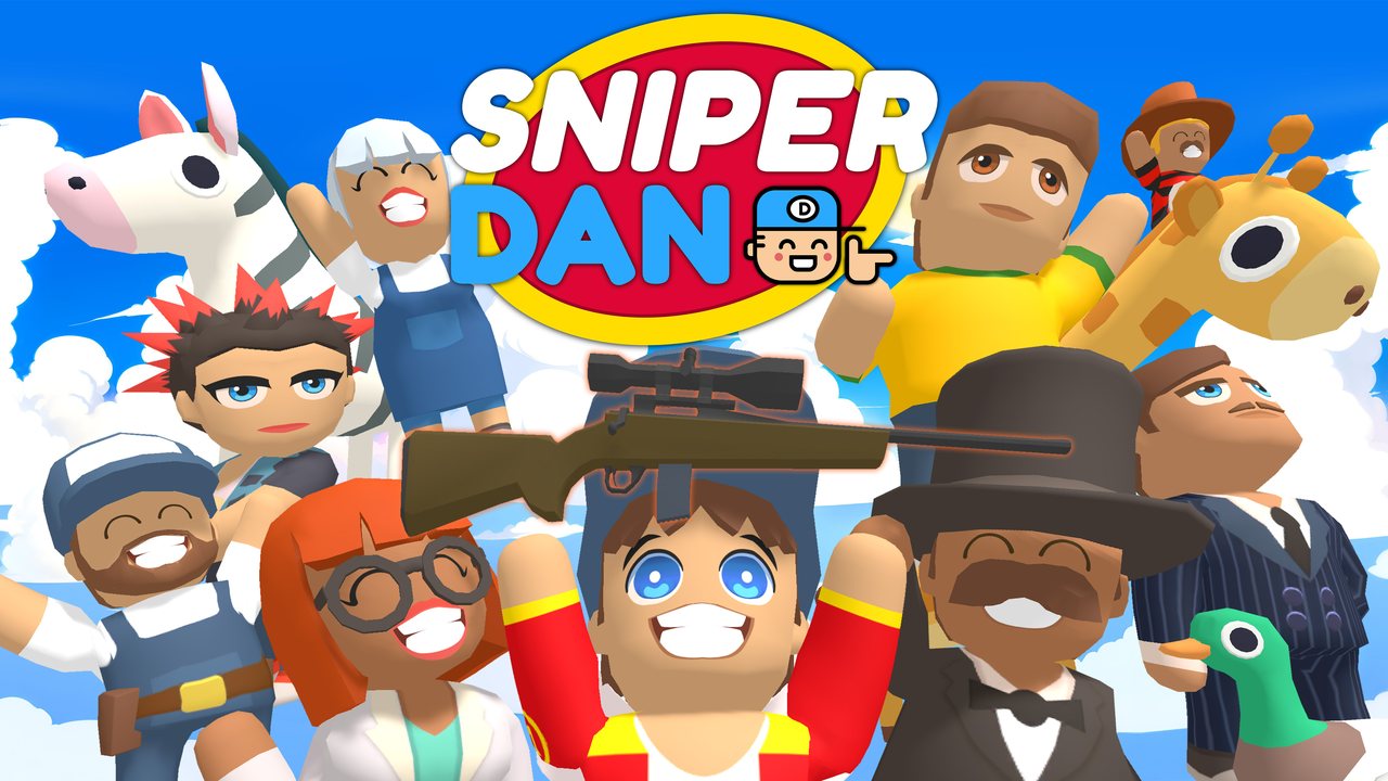Official Sniper Dan key art: Dan takes aim with the colourful cast of Clumsy County behind him