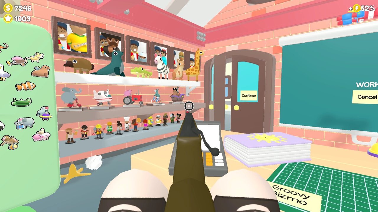 Official Sniper Dan screenshot: a first-person view down shelves crowded with toys and figurines