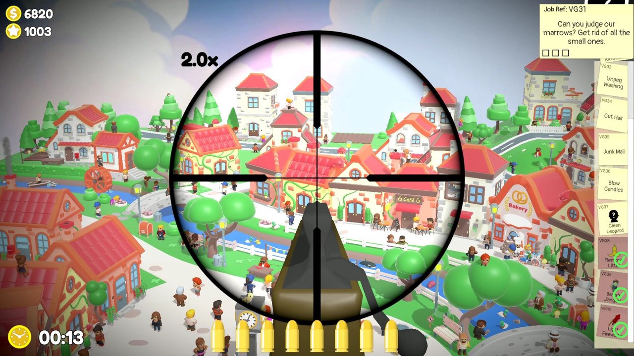 Official Sniper Dan screenshot: the scope over a street of colourful village houses with the village job checklist open